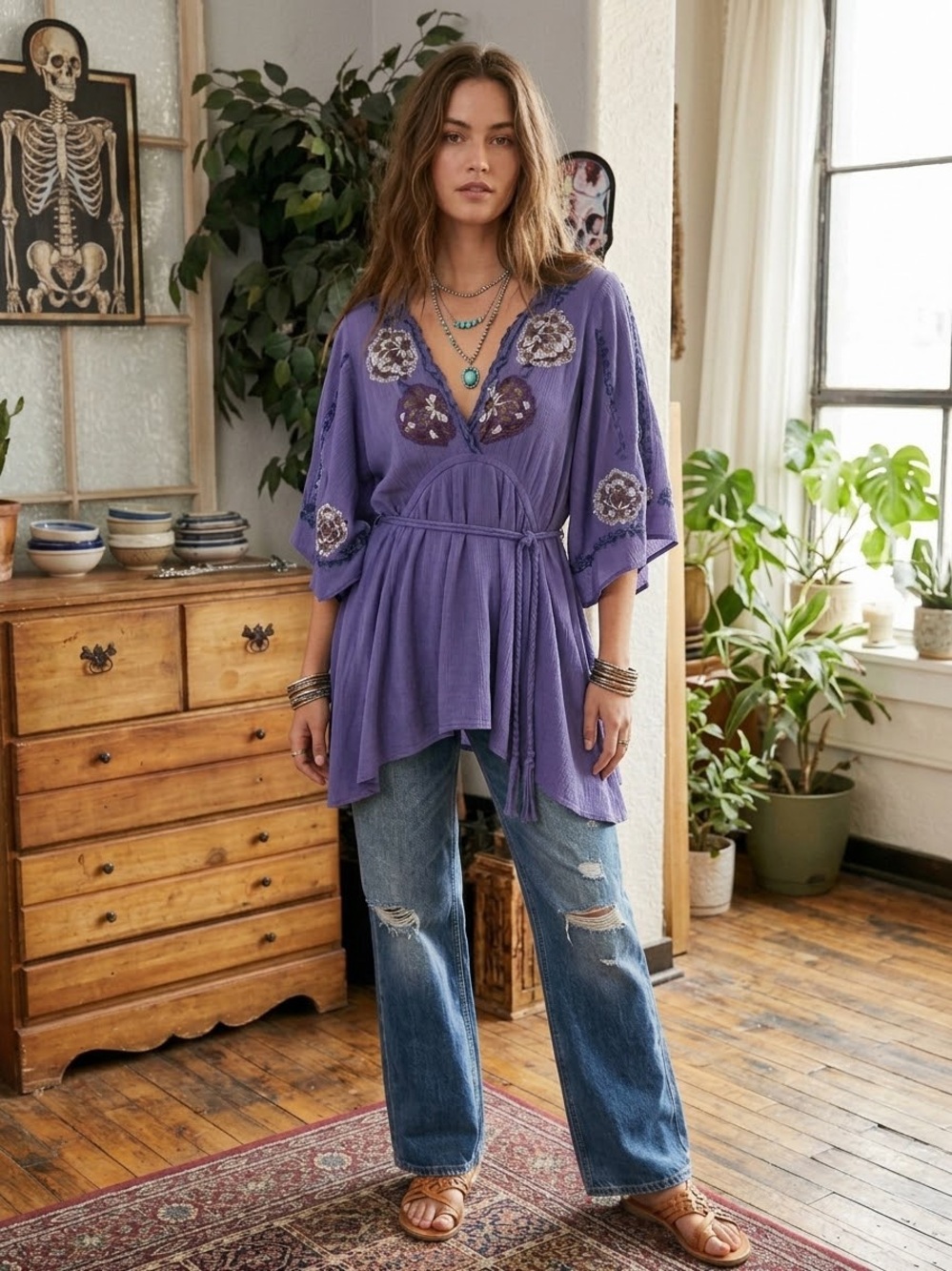Free People Purple Embroidered V-Neck Tie-Waist Tunic
